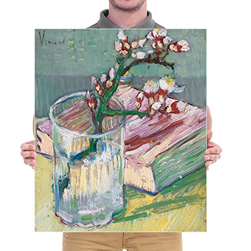 Wieco Art Canvas Wall Art Blossoming Almond Branch in a Glass with a Book by Vincent Van Gogh Large Canvas Prints for Living Room Decoration Post-impressionism Pictures Artwork - size: 24"L x 20"W