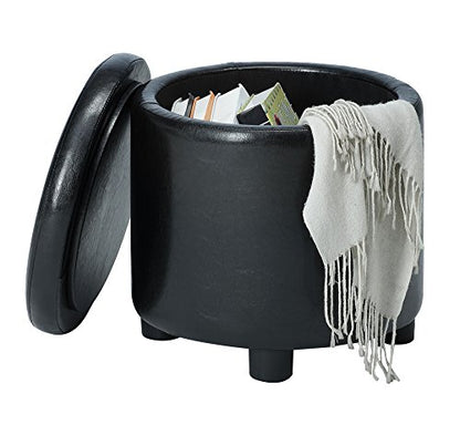 Designs4Comfort Round Accent Storage Ottoman in Black Faux Leather Fabric - color: Black
