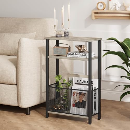 MMEOLUOOK Narrow Side Table with Storage Basket Skinny End Tables for Smalls Spaces 3 Tier Sofa Table Small Nightstand Slim Bedside Table for Living Room Bedroom Oak MLBZ22Q - color: Oak