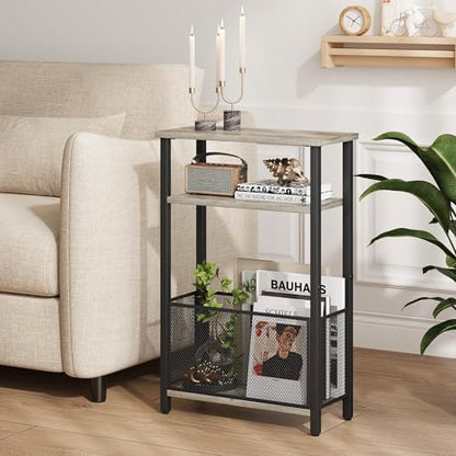 MMEOLUOOK Narrow Side Table with Storage Basket Skinny End Tables for Smalls Spaces 3 Tier Sofa Table Small Nightstand Slim Bedside Table for Living Room Bedroom Oak MLBZ22Q - color: Oak