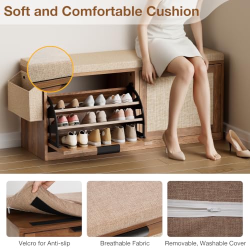 HOMMPA Shoe Storage Bench, Entryway Bench with Shoe Storage & 2 Flip Drawer & Seat Cushion, Rattan Hidden Shoe Rack Bench, Wooden Entry Way Shoe Cabinet for Hallway, Bedroom, Mudroom