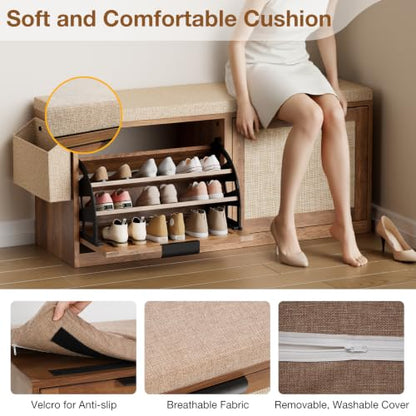 HOMMPA Shoe Storage Bench, Entryway Bench with Shoe Storage & 2 Flip Drawer & Seat Cushion, Rattan Hidden Shoe Rack Bench, Wooden Entry Way Shoe Cabinet for Hallway, Bedroom, Mudroom