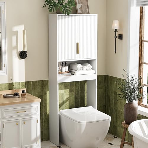 VINGLI Over The Toilet Storage Cabinet White, Modern Bathroom Organizer with Fluted Doors, Freestanding Wooden Space Saver Stand with Adjustable Bottom Bar for Laundry, Gold Handles - color: White, size: 9.5"D x 23.6"W x 68"H