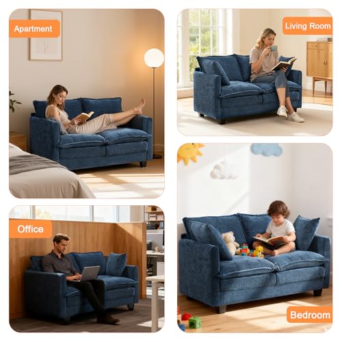 50'' Loveseat Sofa Cloud Sofa Couch, Modern Loveseats 2 Seat Couch 27" Deep Seat with 2 Pillows for Small Spaces Apartment Studio Office Bedroom Living Room, Blue - color: Blue, size: 50"