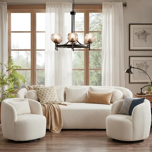 KINWELL 85" Boucle Upholstered Sofa with 2 Swivel Barrel Chairs, Beige | No Assembly Sherpa Living Room Furniture Sets, 3-Seater Couch Settee and Accent Chairs Armchairs for Small Spaces Apartment - color: Beige, size: Sofa + 2 Chairs