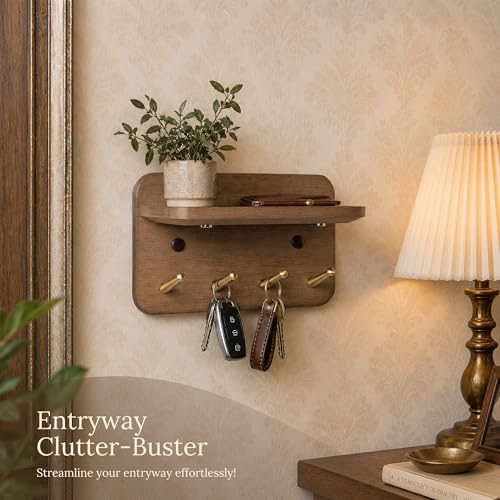 Key Holder Wall Mount, Solid Wood Key Holder for Wall with 4 Brass Hooks & Hidden Magnets, 15° Incline Hooks & Grooved Design to Prevent Slipping, Vintage Brown Key Hanger