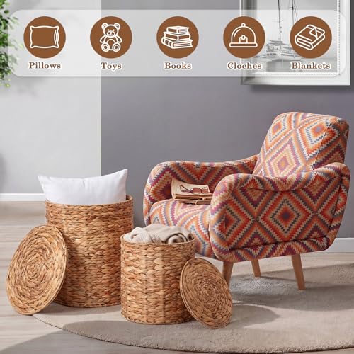 Novabright 2 Pcs Round Storage Ottoman with Lid 15.7" and 13" Natural Handwoven Water Hyacinth Footstool for Living Room Bedroom Entryway Bathroom Home Office