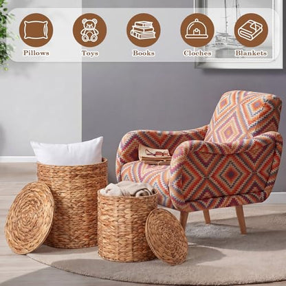 Novabright 2 Pcs Round Storage Ottoman with Lid 15.7" and 13" Natural Handwoven Water Hyacinth Footstool for Living Room Bedroom Entryway Bathroom Home Office