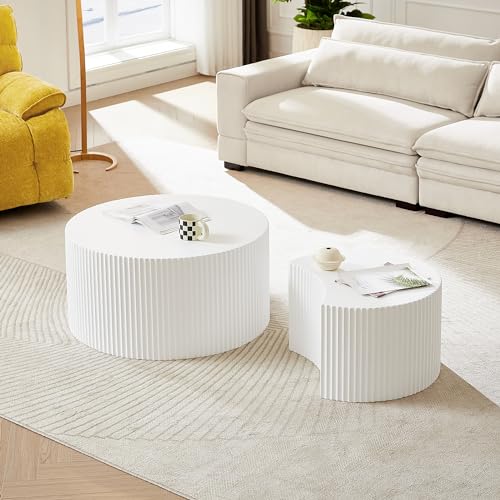 JUSTONE Set of 2 Nesting Side Table,Modern Round Wood Accent Side End Table for Living Room Bedroom and Entryway, Apartment,Nesting Tables for Small Spaces No Assembling (Matte White) - color: Round-white