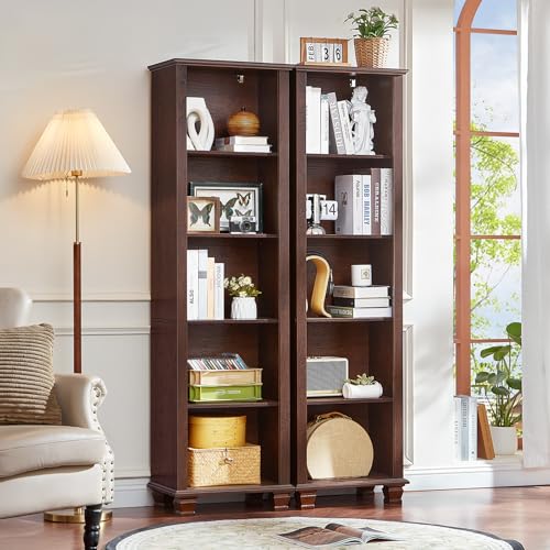 70" Tall Narrow Book Shelf, 5-tire Bookshelf with Adjustable Shelves & Solid Wood Legs, Farmhouse Freestanding Bookcase with Open Storage, Wood Book Case for Office, Living Room, Walnut - color: Walnut