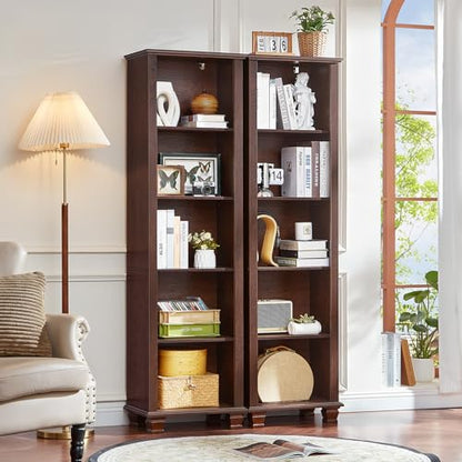 70" Tall Narrow Book Shelf, 5-tire Bookshelf with Adjustable Shelves & Solid Wood Legs, Farmhouse Freestanding Bookcase with Open Storage, Wood Book Case for Office, Living Room, Walnut - color: Walnut