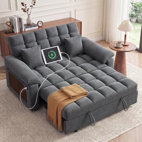 Vipbear Sleeper Sofa Bed, 70" Pull Out Futon Couch with Small Table| USB Port | Side Pockets | Tool-Free Assembly | Adjustable Backrest for Apartment, Office, Guest Room, Chenille Gray - color: Grey