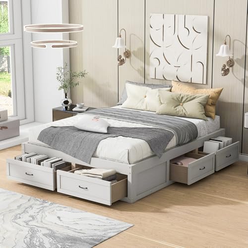 Wood Platform Bed Queen with 6 Large Storage Drawers,Without Headboard Design,Queen Size Platform Bed Frame with Support Slats,Farmhosue Storage Beds for Kids Teens Adults,Space-Saving,Antique Natural - color: Antique White, size: Queen