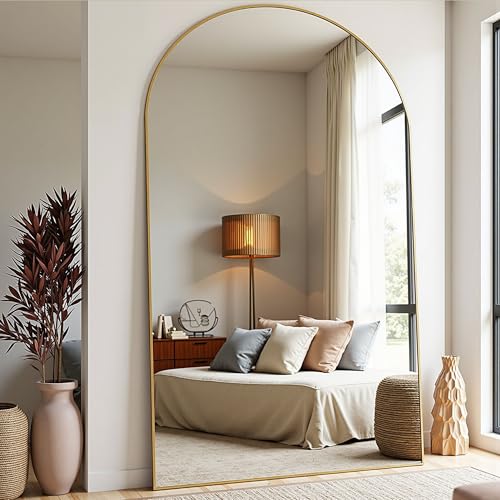 81''x41'' Oversized Full Length Mirrors, Arched Floor Mirror with Stand, Full Body Large Oversized Standing Mirror/Leaning/Hanging Wall Mounted for Living Room, Bedroom, Gold - color: Gold, size: 81"L x 41"W