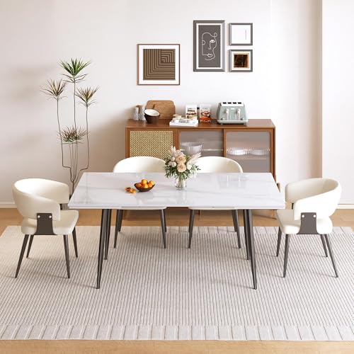 62.9"–94.4" Modern White Extendable Dining Table for 6–10 People | Scratch & Heat Resistant Sintered Stone Tabletop Kitchen Table, Stainless Steel Leg Design for Dining Room & Outdoor Patio - color: White 62.9” of 94.4”