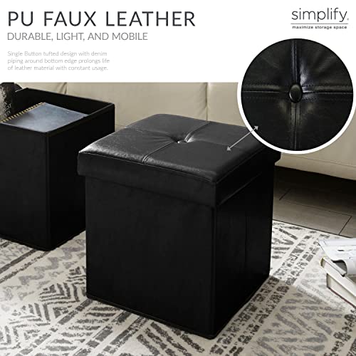 Simplify Faux Leather Folding Storage Ottoman | Single | Collapsible | Tufted Padded Seating | Foot Rest | Bench | Toy Box | Black - color: Black, size: 15"D x 15"W x 15"H