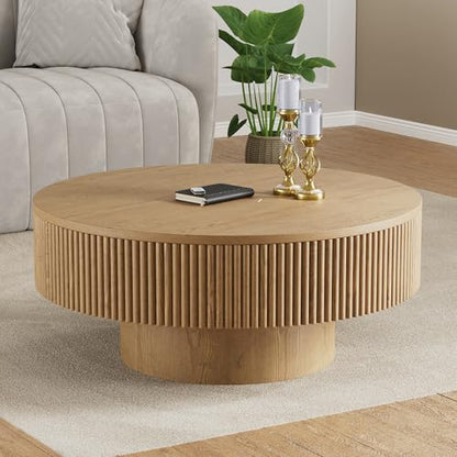 YOUDENOVA 31.5” Round Fluted Coffee Table, Modern Wood Circle Coffee Table, Veneer Handcrafted Relief Tea Table with Sturdy Pedestal for Living Room - Natural - color: 31" Natural-round