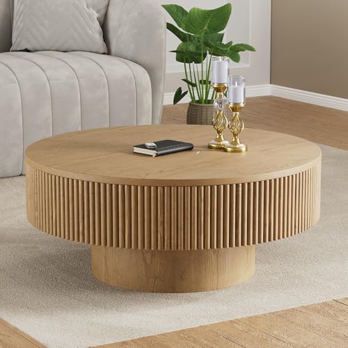 YOUDENOVA 31.5” Round Fluted Coffee Table, Modern Wood Circle Coffee Table, Veneer Handcrafted Relief Tea Table with Sturdy Pedestal for Living Room - Natural - color: 31" Natural-round