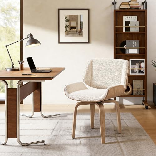 Mid Century Swivel Desk Chair No Wheels, Oak Bentwood, Off White | Faux Leather, Solid Wood Legs, 360° Swivel, High-Density Foam, Adjustable Foot Pads, Home Office, Bedroom, Dining Room - color: White, size: Style A