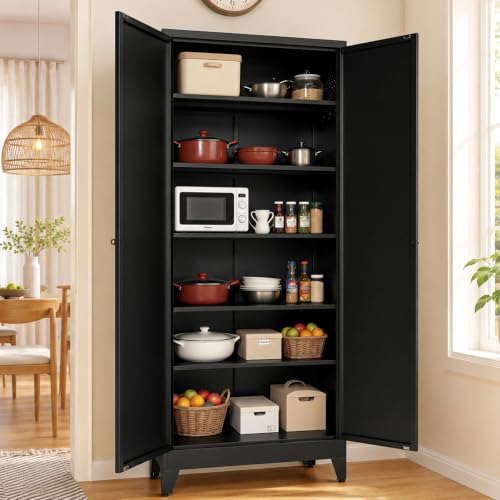 AQY Metal Pantry Cabinet, 75" Black Kitchen Storage Cabinet with Doors | 5 Adjustable Shelves Ventilated Metal Cabinet Hanging Hooks Freestanding Kitchen Storage - color: Black, style: H75" - 2 Doors Hooks & Vents