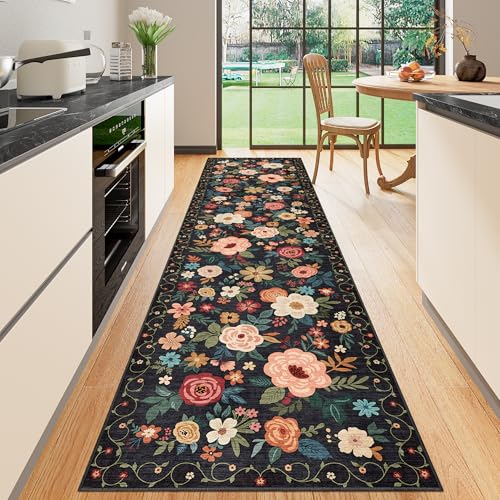 DUKINO 2.6x10 Runner Rug for Hallway, Washable Kitchen Rugs Non Slip, Black | Soft, Low Pile, Floral Indoor Floor Rug Runner for Entryway, Bedroom, Bathroom, Laundry, Pet Friendly, Home Decor, Ultra-Thin - color: Black, size: 2'6" x 10' (Rectangular)