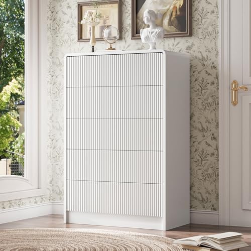 MAISONARIA White Curved 5 Drawer Dresser, Wide Modern Long Dresser for Bedroom, Living Room, or Entryway, Push to Open Storage Chest, Minimalist Scandinavian Style - color: White, size: 15.7"D x 31.4"W x 47.6"H (5 Drawers)