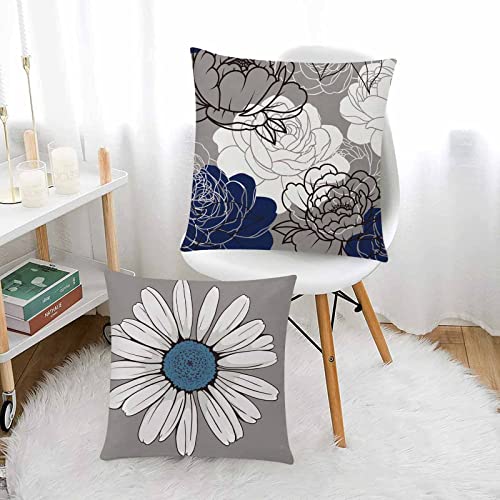 COMMINY Blue Grey Pillow Covers 16x16 Set of 6 Decorative Daisy Flower Throw Pillow Cover for Couch Modern Farmhouse Cushion Pillow Case for Living Room Patio Home Decor | spring floral, wild flower bloom, decorative cushion cover, Breathable Linen, Accen