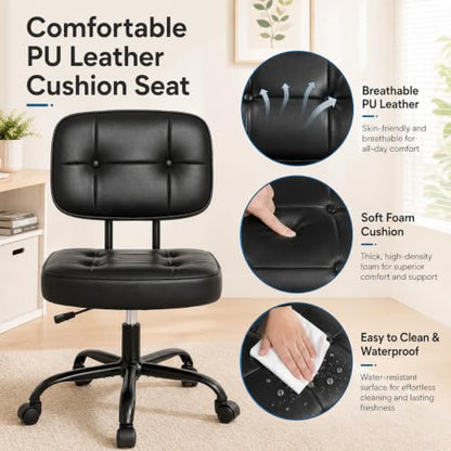 Armless Drafting Chair, Ergonomic PU Leather Home Office Computer Task Chair with Lumbar Support, Height Adjustable Swivel Rolling Chair for Small Spaces, Vanity, Bedroom, Study, Living Room, Black - color: Black -Basic