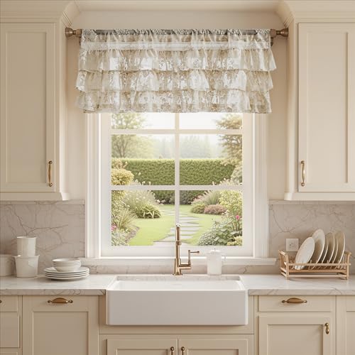 Kotile Beige Lace Ruffle Valance for Windows W52 x L18 Inch, 1 Panel | Rod Pocket, Layered Lace Builds Body, Eases Brightness, Vintage Floral, Soft Farmhouse Look, Short Cascades Flow, Privacy - color: Beige - Ruffle Lace