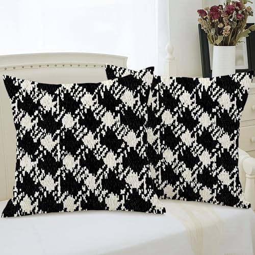 Houndstooth Throw Pillow Covers Set of 2, Modern Contemporary Geometric Abstract None Black Soft Velvet Washable Decorative Pillow Cases for Home Bedroom Living Room Sofa Couch Decor 24x24 Inch - size: 24" x 24" (Pack of 2)