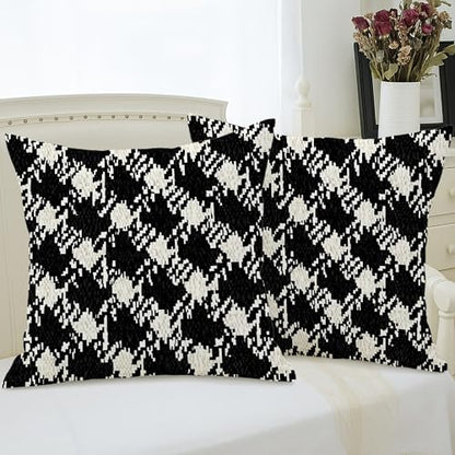 Houndstooth Throw Pillow Covers Set of 2, Modern Contemporary Geometric Abstract None Black Soft Velvet Washable Decorative Pillow Cases for Home Bedroom Living Room Sofa Couch Decor 24x24 Inch - size: 24" x 24" (Pack of 2)