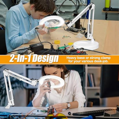 IVMAIE 12X Magnifying Glass with Light and Stand (No Acrylic Lens), 2-in-1 Lighted Magnifier with Clamp 5 Color Modes Dimmable LED Desk Lamp Hands Free for Painting Craft Sewing Hobby Close Work White - color: White