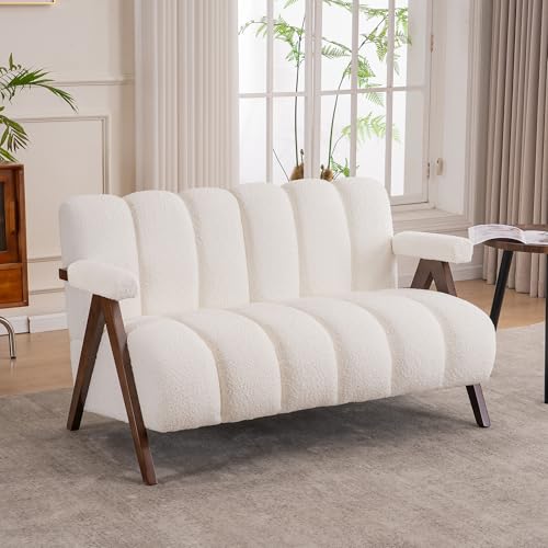 Mid Century Modern Accent Chair Loveseat Sofa with Solid Wood Frame, Boucle Upholstered Living Room Chairs with Thick Cushion, Comfy Tufted Arm Chair for Bedroom, Ivory - color: Ivory, size: 2-seater