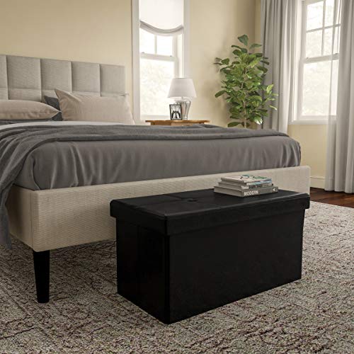 Storage Ottoman - 30-Inch Folding Faux Leather Footrest, Linen Chest, or Bench with Removable Bin for Living Room or Bedroom by Lavish Home (Black)