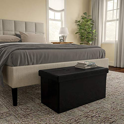 Storage Ottoman - 30-Inch Folding Faux Leather Footrest, Linen Chest, or Bench with Removable Bin for Living Room or Bedroom by Lavish Home (Black)