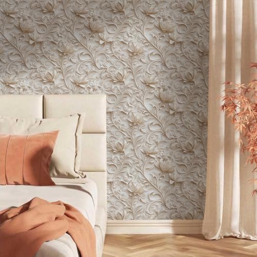 Embossed Beige Gold Ivory Magnolia Floral Peel and Stick Wallpaper Wall Decor Self Adhesive Wall Paper Stick on Easy Peel Off Contact for Renter Apartment - color: Ivory/Gold, size: 17.7" x 118"
