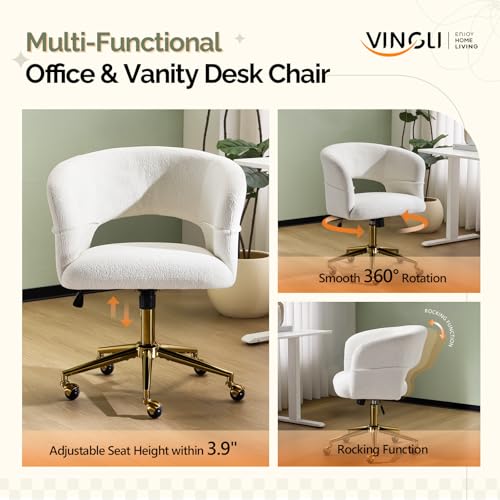 VINGLI Modern Curved Office & Vanity Desk Chair, Cute Upholstered Nail Chair with Wheels & 360° Swivel & Club & Tilting & Gold Base, for Bedroom, Living Room, Makeup, Velvet Chenille, White - color: White