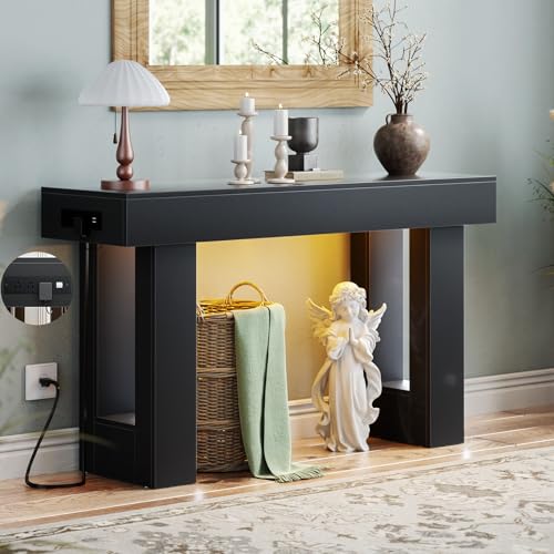 Unikito 47" Entryway Table with Sensor Light and USB Outlet, Black | Narrow Console Table with Storage Behind Couch, Farmhouse Foyer Table with Open Storage Versatile for Entrance Living Room - color: Black, size: 47IN