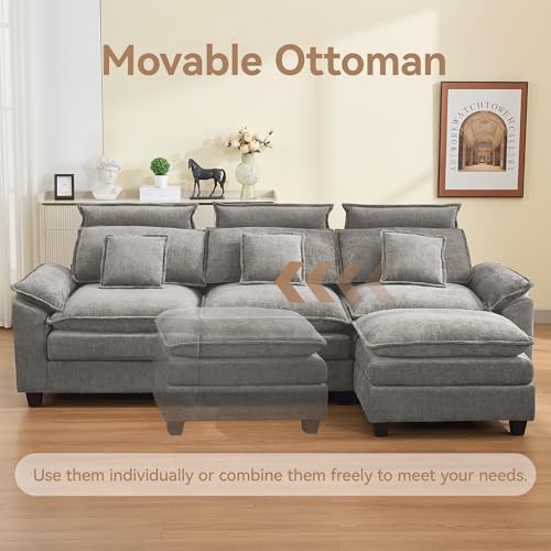 103'' Cloud Modern 3 Seater Couch with Detachable Headrest, Modular Sectional Sofa with Ottoman, Oversized L Shape Chenille Comfy Sofa with Armrests for Living Room, Light Grey - color: Light Grey, size: L Shaped Couch