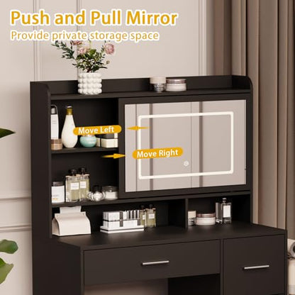 Viaozutis Vanity Desk with a Mirror and Lights，with Chair and Four Drawers, Three Adjustable Lighting Modes，with Power Outlet and Sliding LED Mirror,Bedroom Vanity Desk (Black) - style: Black