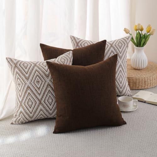 HPUK Throw Pillow Covers 18x18, Set of 4, Chocolate Couch Pillow Covers | Polyester fabric, patterned and solid designs, hidden zippers, machine washable, for sofas and beds, inserts not included - color: Chocolate, size: 18" x 18" (Pack of 4)