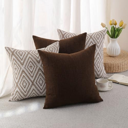 HPUK Throw Pillow Covers 18x18, Set of 4, Chocolate Couch Pillow Covers | Polyester fabric, patterned and solid designs, hidden zippers, machine washable, for sofas and beds, inserts not included - color: Chocolate, size: 18" x 18" (Pack of 4)