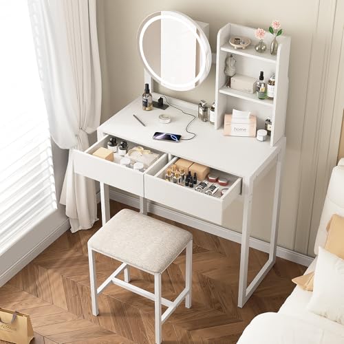 VFK Small Vanity Desk with Mirror and Lights, Makeup Vanity Table with LED Mirror, 3 Lighting Modes, Power Outlet, Drawer, Open Shelves and Cushioned Stool for Bedroom (White) - color: White