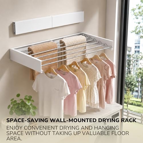 Wall Mounted Clothes Drying Rack Collapsible, Pure Stainless Steel Folding Laundry Drying Rack for Indoor Outdoor Use, Heavy Duty Wall Mounted Clothes Rack White