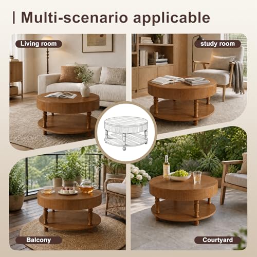 TIANG Tool-Free Flip Top Solid Wood Round Coffee Table with Hidden Storage | 31.5" Modern Center Table for Living Room, Adjustable Silent Footpads,Sturdy Holds up to 100 lbs,Classic 2-Tier Design - color: Antique Brown