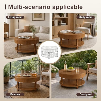 TIANG Tool-Free Flip Top Solid Wood Round Coffee Table with Hidden Storage | 31.5" Modern Center Table for Living Room, Adjustable Silent Footpads,Sturdy Holds up to 100 lbs,Classic 2-Tier Design - color: Antique Brown