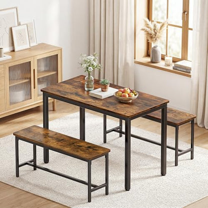 Dining Table Set for 4, Kitchen Table with 2 Benchs, Brown | Modern Functional 3 Piece Space-Saving Dining Room Table Set for Apartment, Breakfast Nook, Small Space - color: Brown