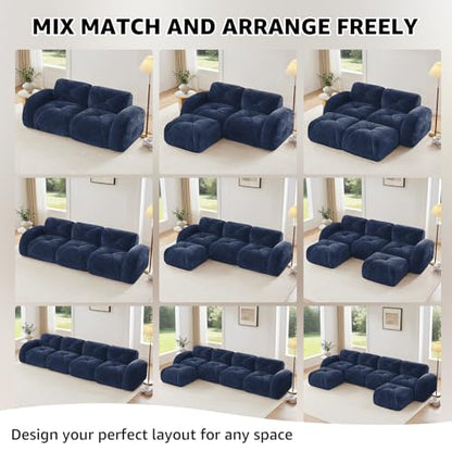 Blue Loveseat Sectional Couches for Living Room, Velvet Fabric Boneless Couch, No Assembly Cloud Modular Sectional Sofa Love Seat with 1 Ottoman, Foam Couch Compressed Sofa Set, Sofas para Sala - color: Blue, size: 2 Seater + 1 Ottoman