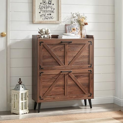 Barnyatoh Shoe Storage Cabinet with 2 Flip Drawers,Hidden Shoe Organizer | Farmhouse Freestanding Narrow Slim Shoes Rack Cabinet with Adjustable Shelves for Entryway Hallway,Walnut - color: Walnut