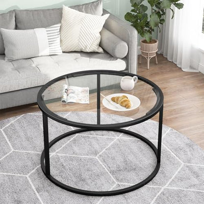 Round Coffee Table,Small Black Coffee Table for Living Room,27" Modern Center Table,Glass Top Clear Coffee Table with Sturdy Metal Frame for for Living Room Home Office, Easy Assembly,Black - color: Black, style: Round